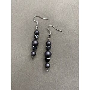 Gray Beaded Dangle Earrings Silver Tone Heart Accents Elegant Womens Jewelry NEW